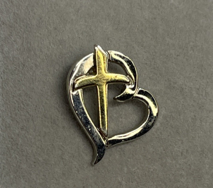 Mother’s Heart Pin-Silver & Gold Tone Religious Lapel Pin 3/4 inch diameter