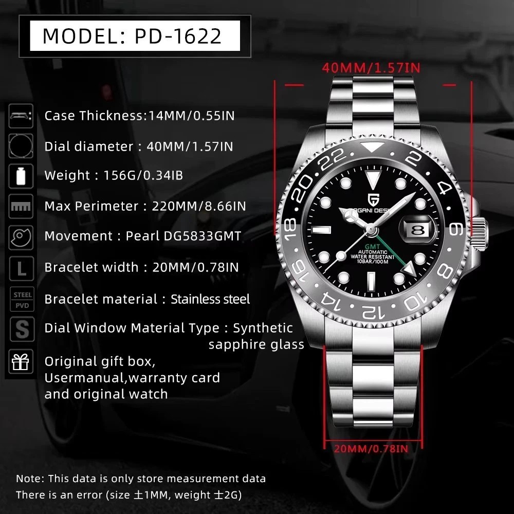 40MM PAGANI DESIGN GMT Automatic Men’s watch Waterproof Stainless Steel New USA