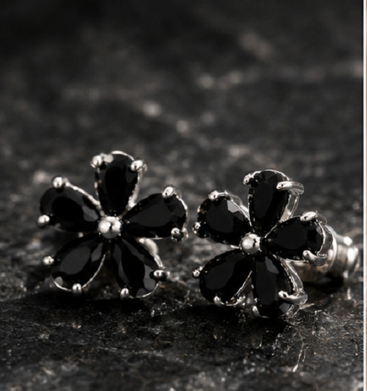 2.32Ct Pear Cut Simulated Black Onyx Flower Stud Earrings 14k White Gold Plated