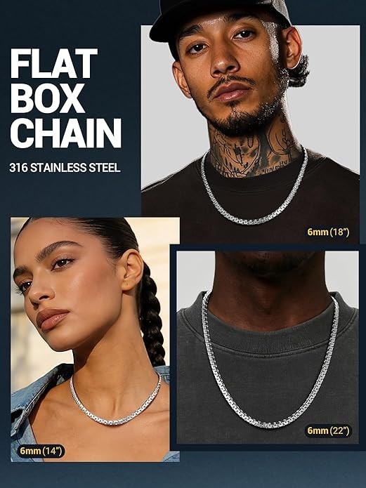 Stainless Steel Box Link Chain Necklace Men Silver Gold Black 14-30in