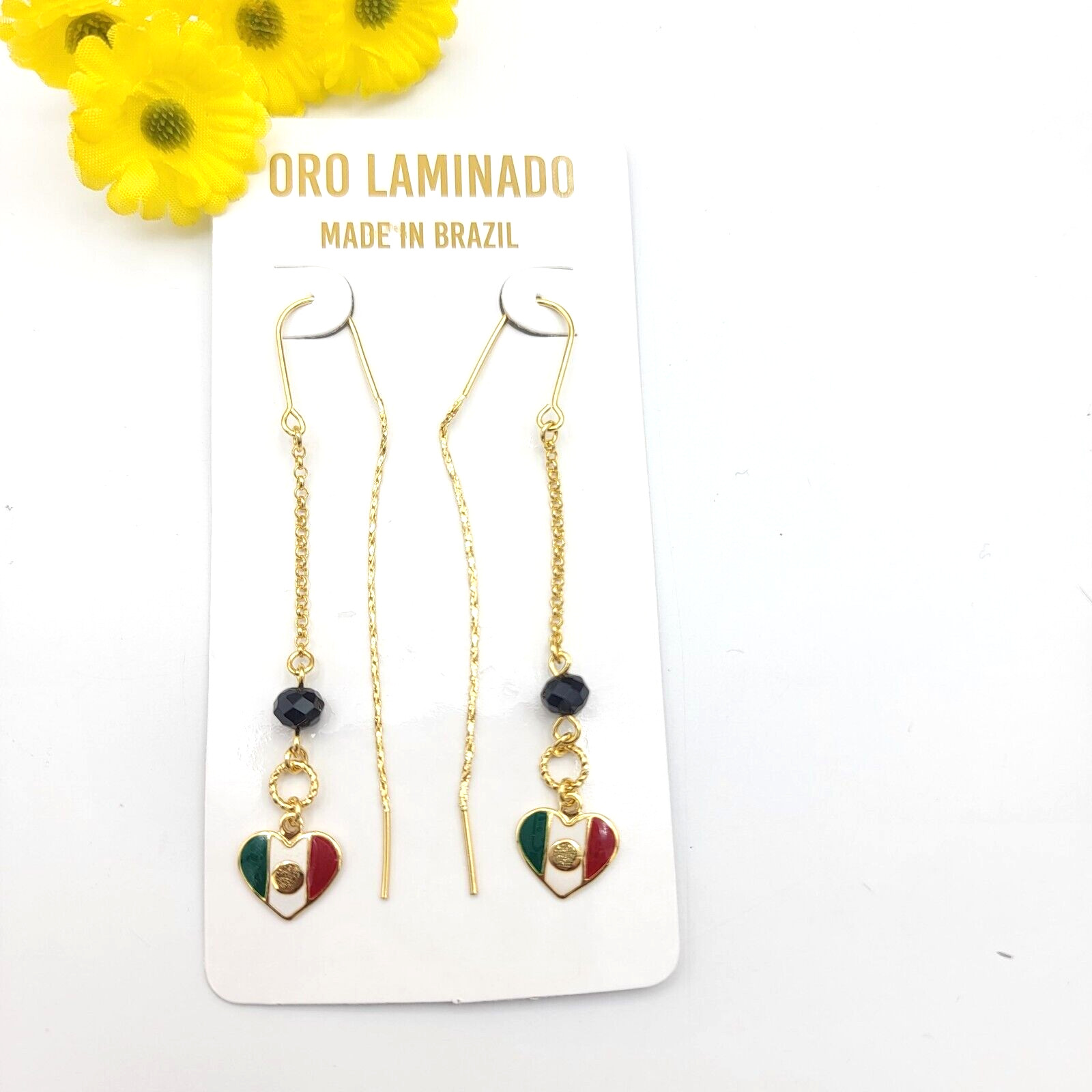 14K Gold Plated Mexico Mexican Flag Heart Thread Slide Earrings. Oro Laminado