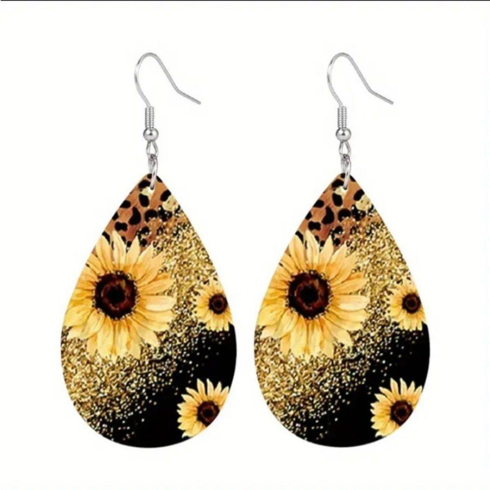 Sunflower and Leopard Teardrop Dangle Earrings Faux Leather