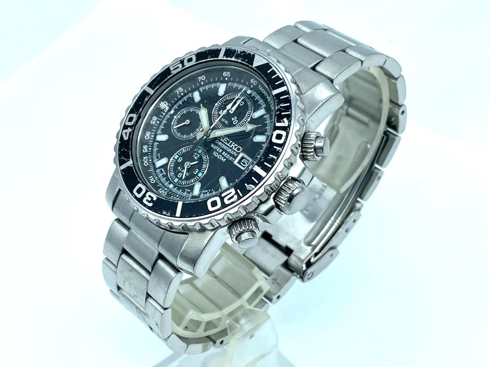 SEIKO Men’s Chronograph Watch Quartz Black Dial Alarm Band size 7.5in 7T62-0CV0