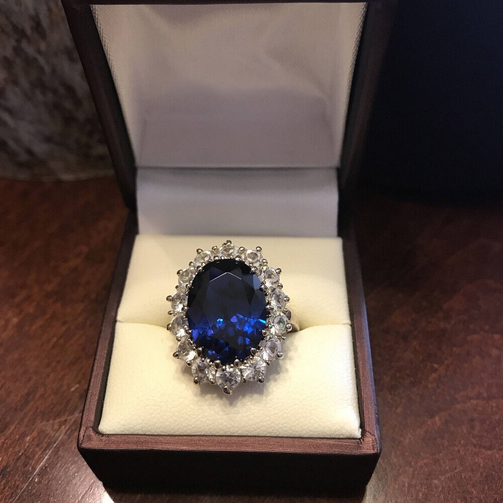 4.40Ct Lab-Created Blue Sapphire Princess Diana Ring 14K White Gold Plated
