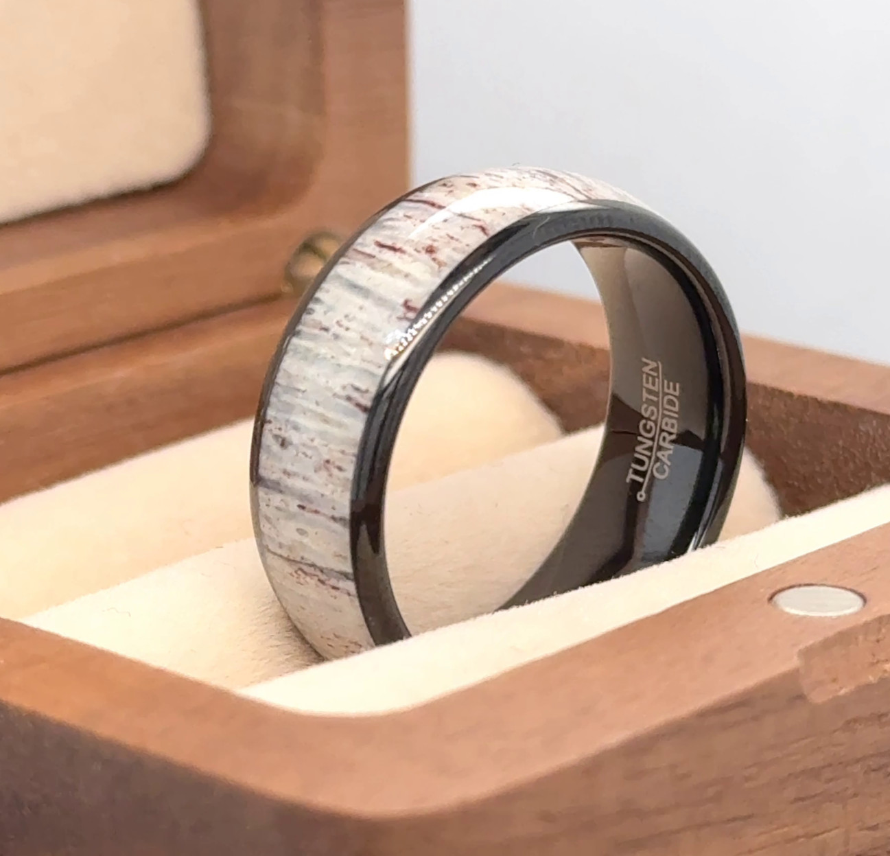 Domed Black Tungsten Ring for Men – Unique White Deer Antler Inlay Wedding Band