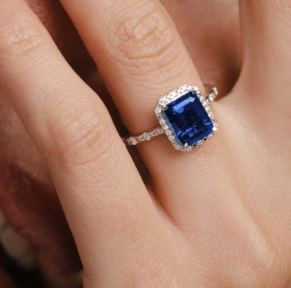 Emerald Cut 3.25 Ct Lab Created Diamond Women Ring Blue Sapphire 14K White Gold