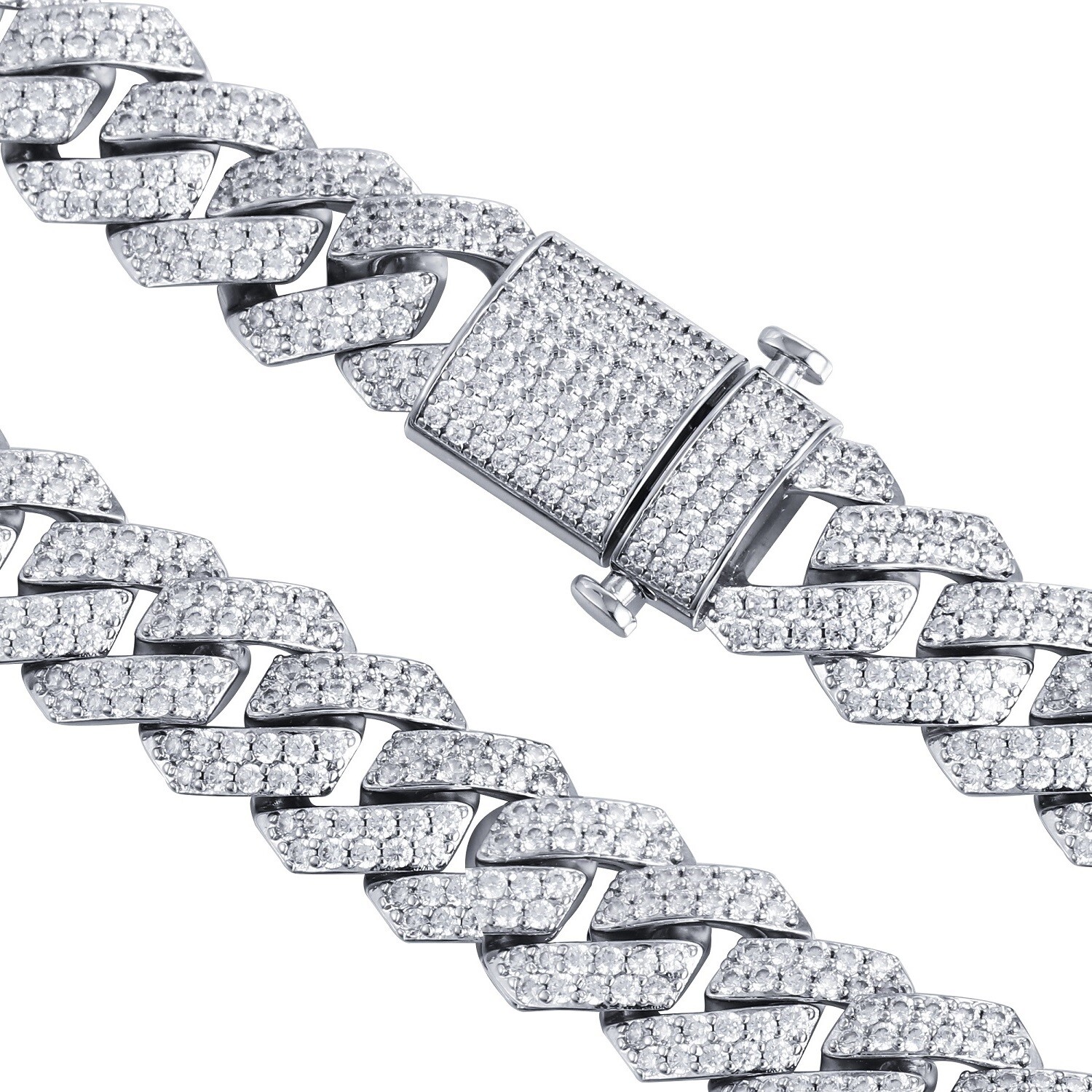 White Gold Plated Full Iced CZ Out Stainless Steel Mens Cuban Link Chain 15MM