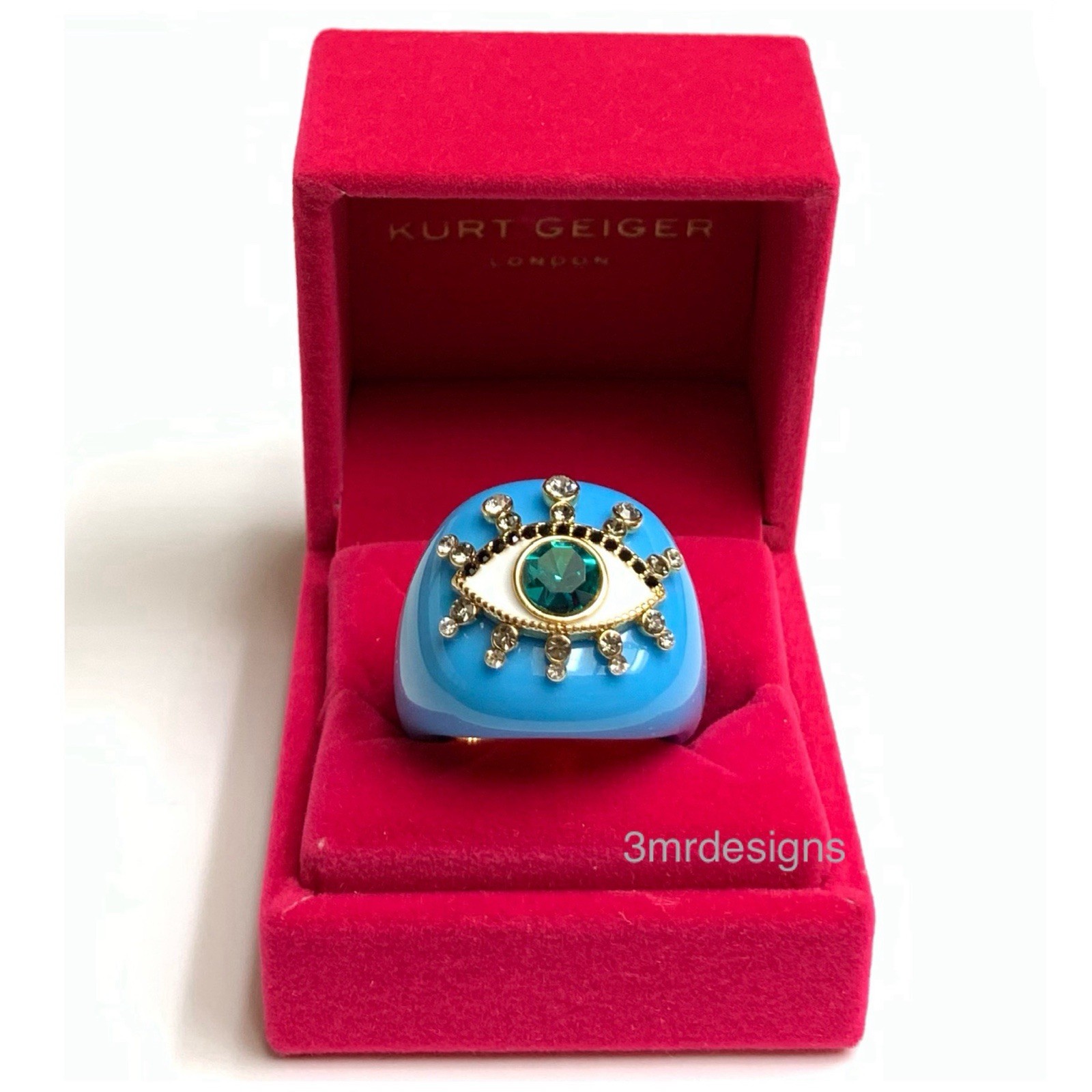 NIB KURT GEIGER LONDON Evil Eye Gold Tone Faceted Crystals Resin Dome Ring-Sz.9