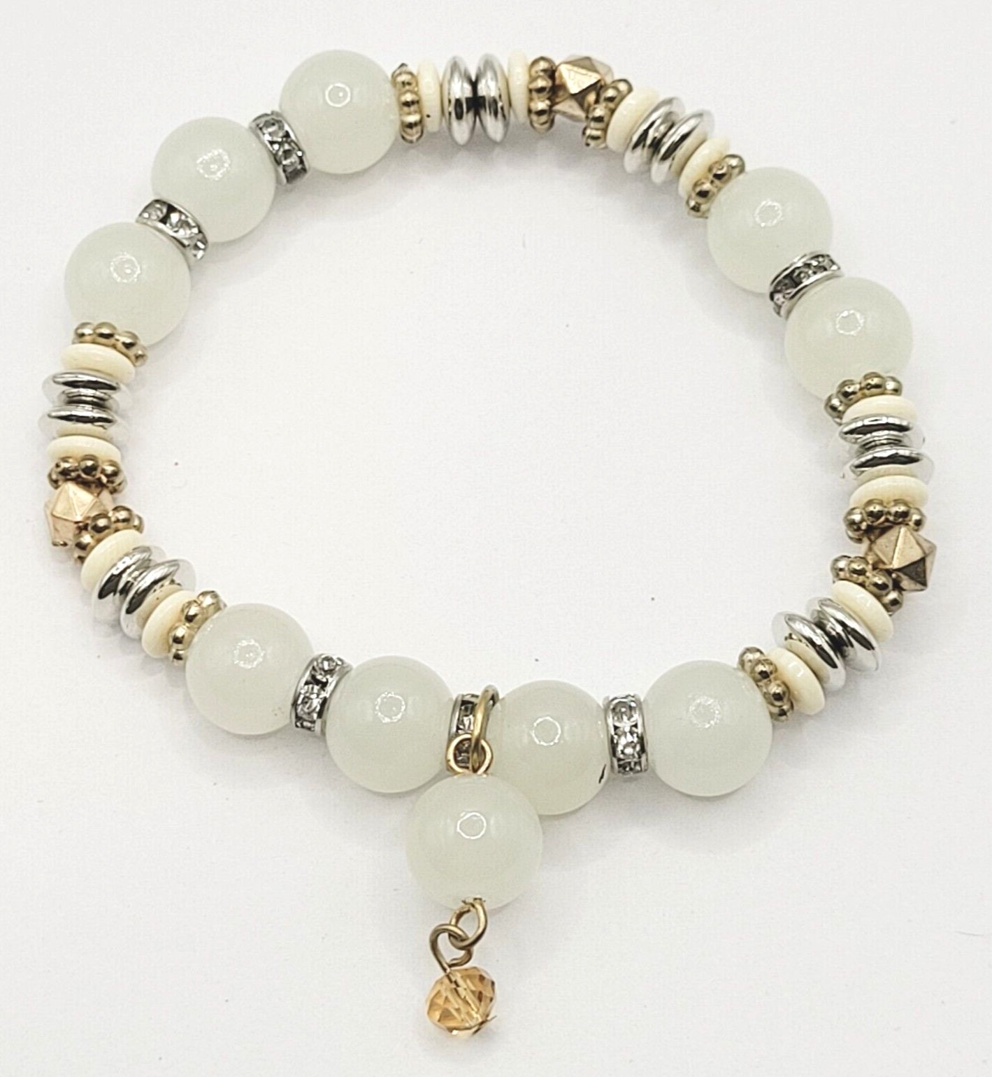 Modern Three Glass Bead w Rhinestone Jade Milky Glass Color Stretch Bracelet Set