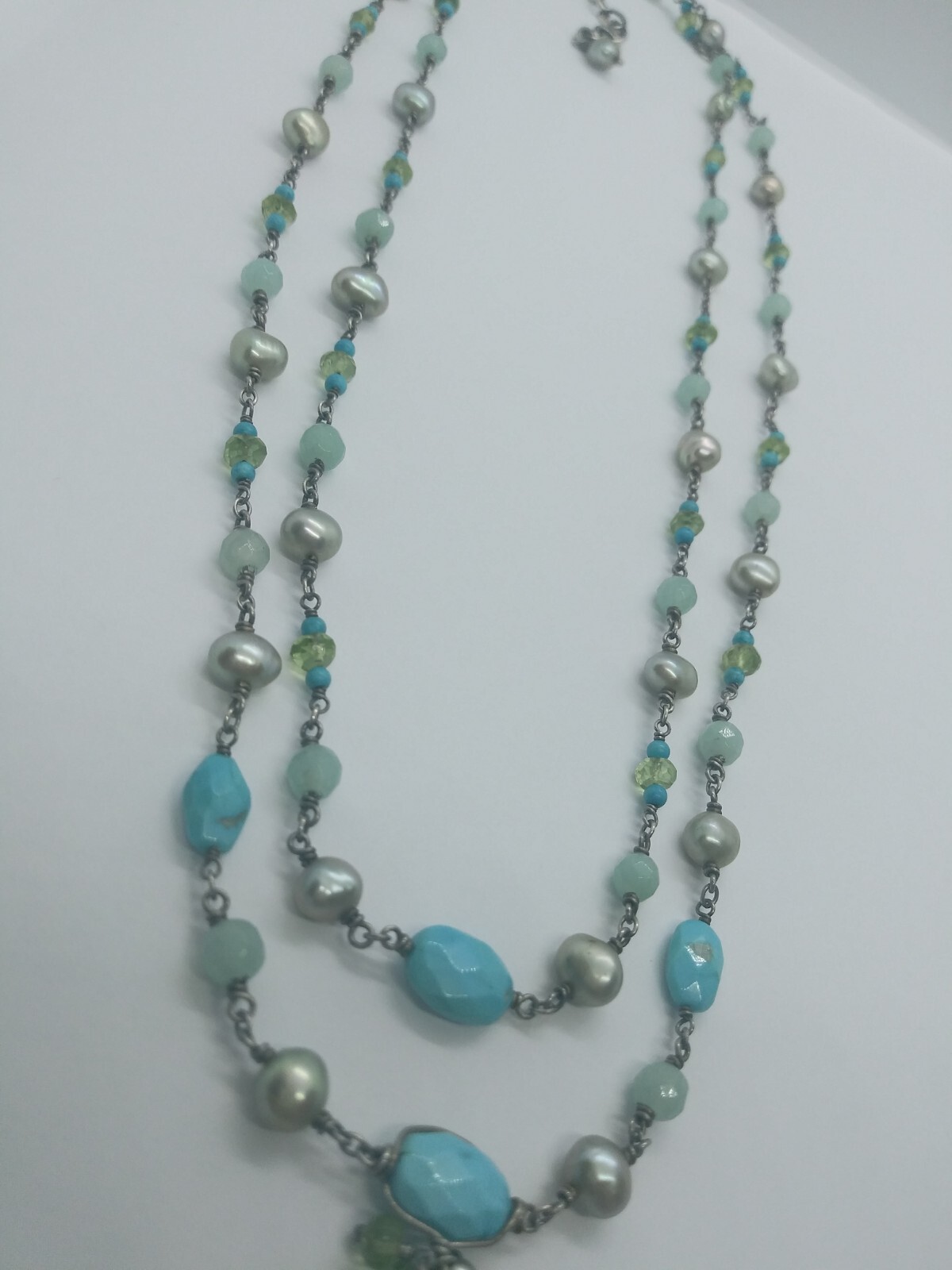 Sterling Silver Turquoise and Peridot Double Stranded Necklace Signed Harmony