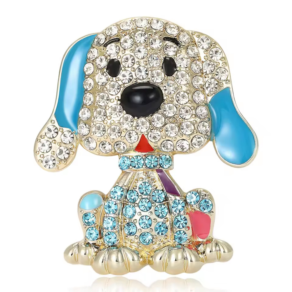 Sparkling Blue Rhinestone Dog Brooch Animal Gold Pin Spring Summer Jewelry Gift
