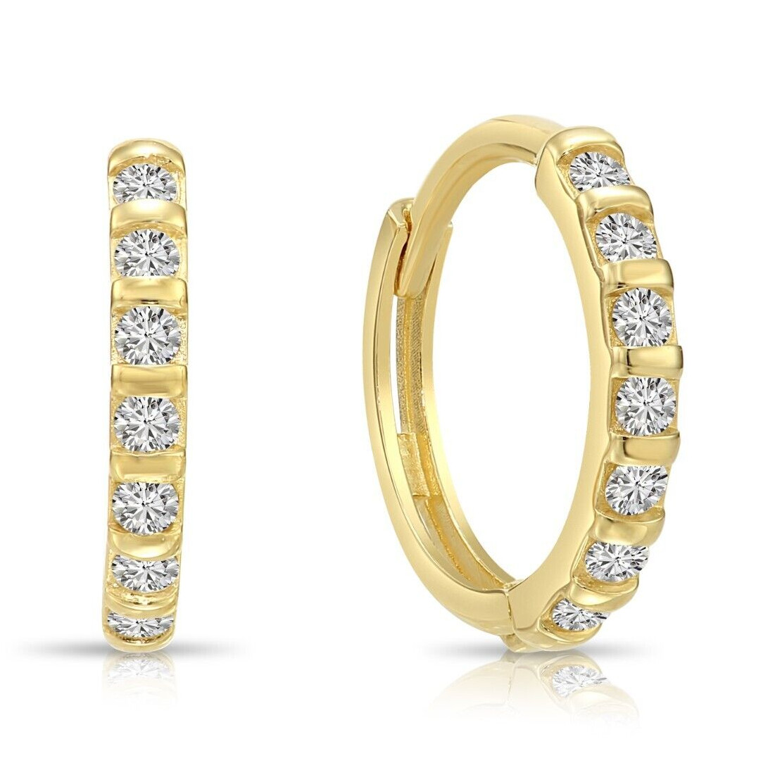 14K Solid Yellow Gold Dainty Pave CZ Eternity Huggie Hoop Earrings Small 12.5MM