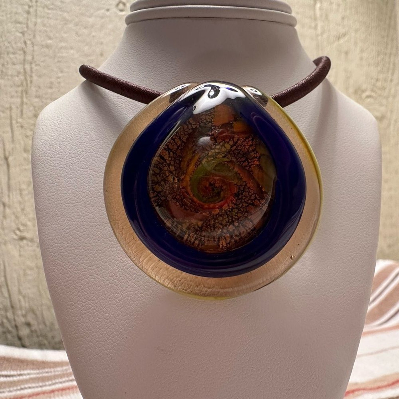Artisan Glass Teardrop Necklace with Gold and Brown Accents