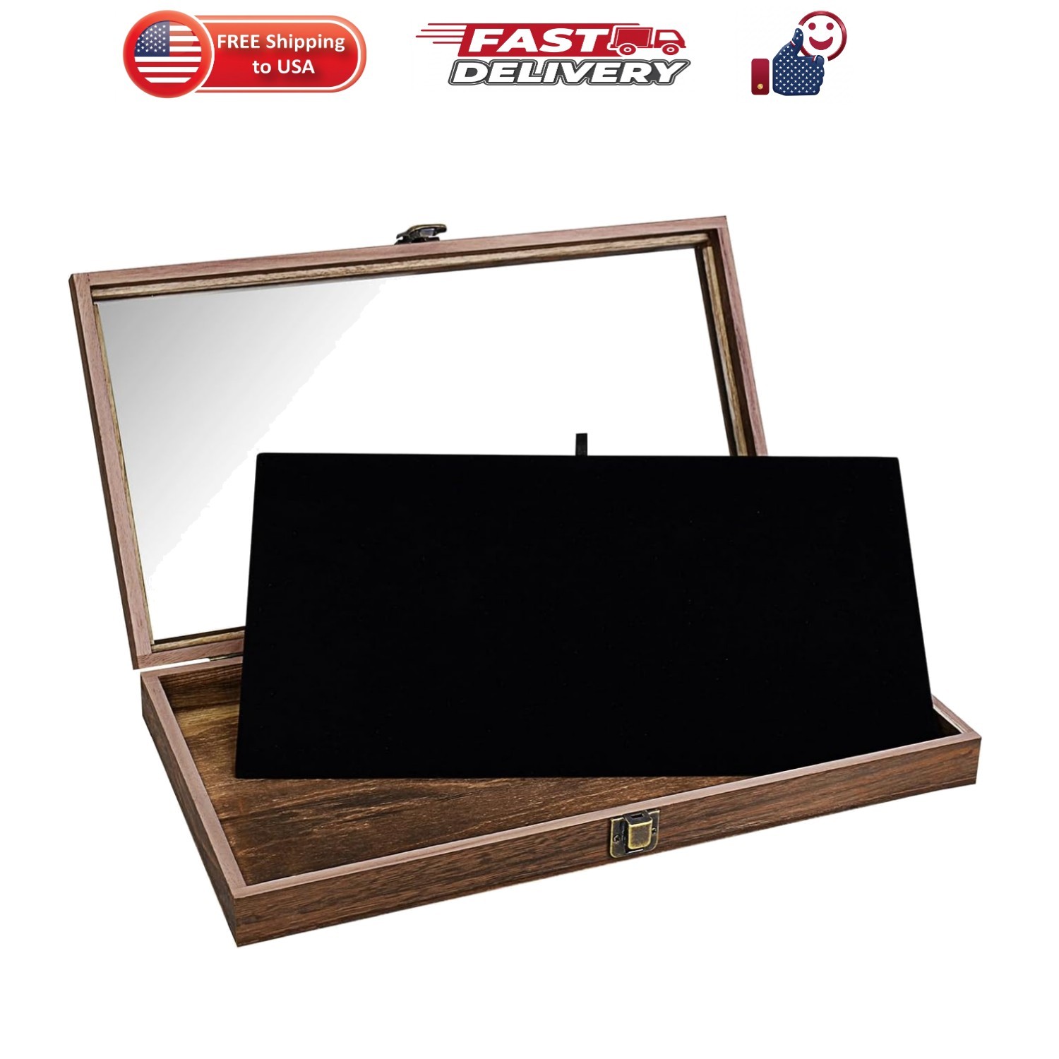 Wood Jewelry Display Case with Tempered Glass Top, Black Velvet Pad | Wood di…