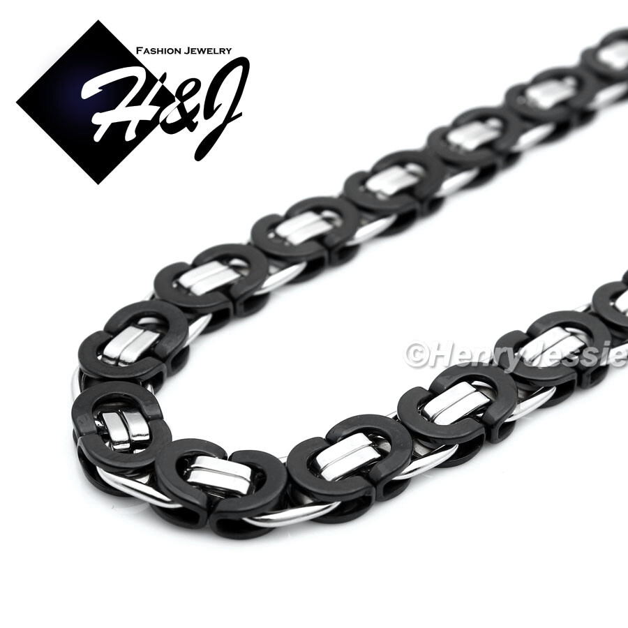 24″MEN Stainless Steel 8mm Silver/Black Plated Flat Box Link Necklace Bracelet