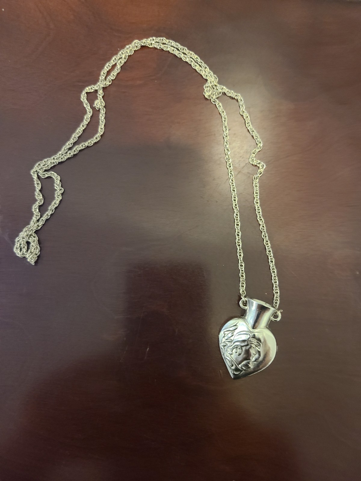 Vintage Art Nouveau Style Lady Face Heart Shaped Posey Vase Pendant Necklace