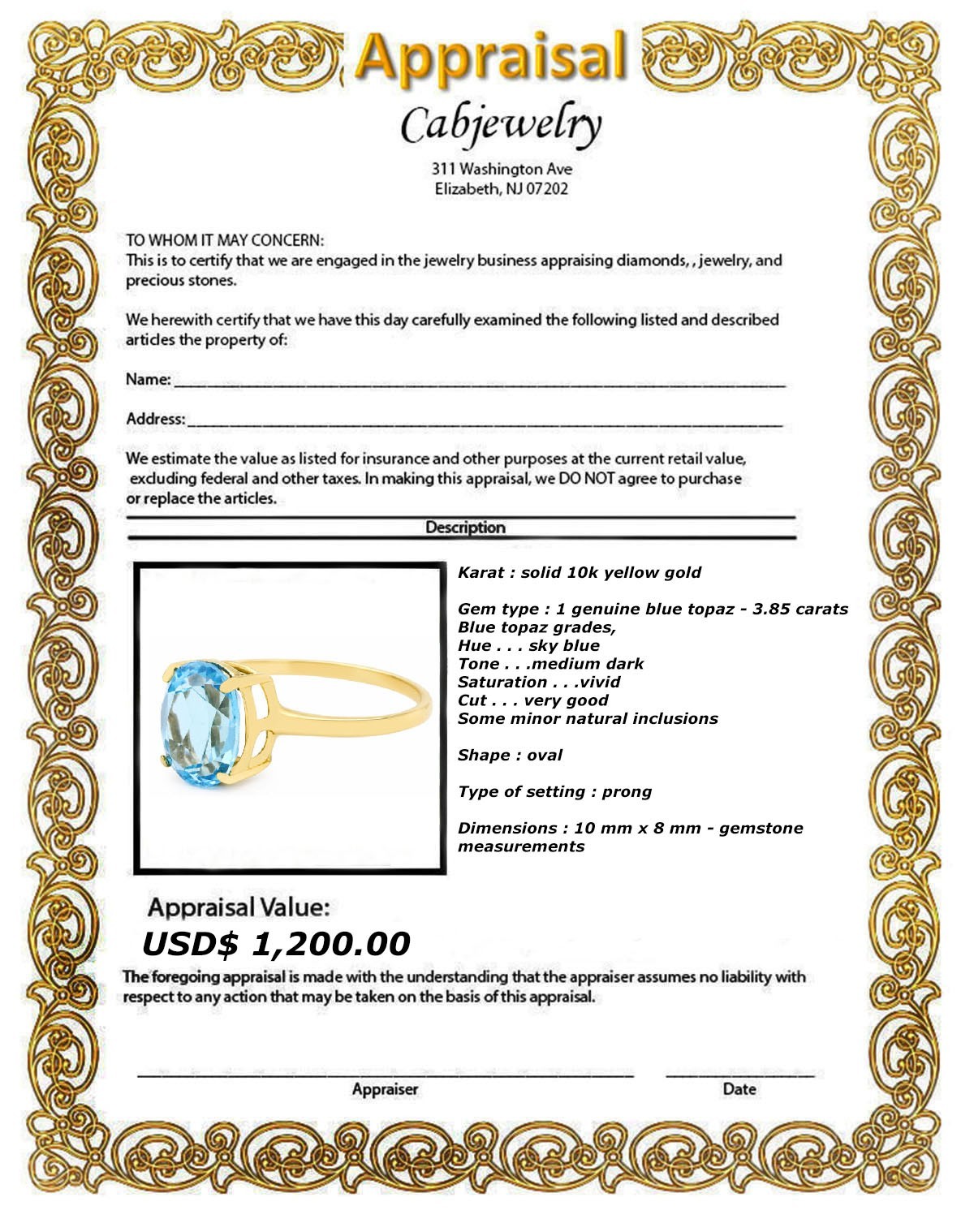 GENUINE 3.85 Cts BLUE TOPAZ RING 10K SOLID YELLOW GOLD -Free Appraisal Service