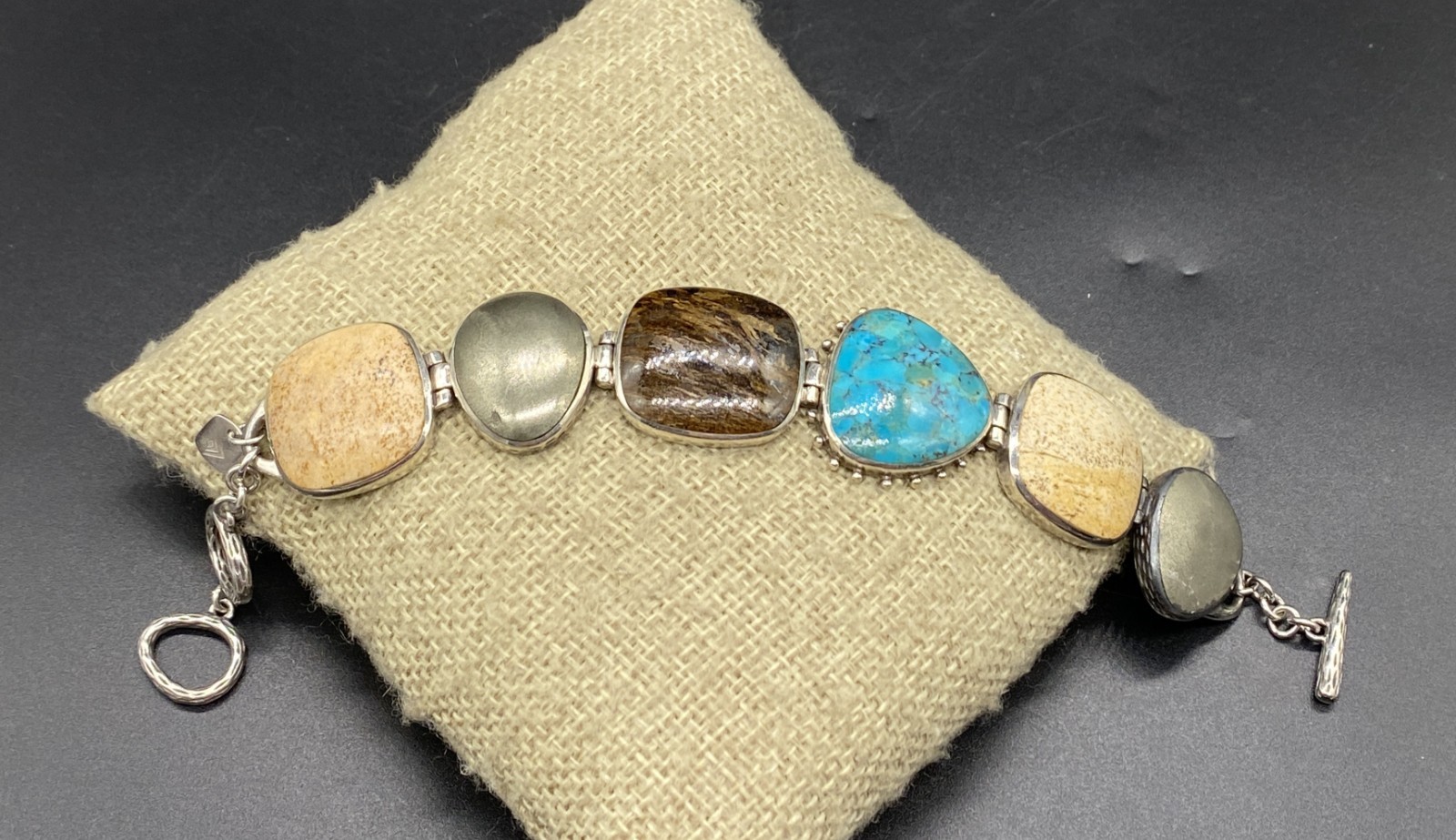 SILPADA-Sterling Pyrite Turquoise Bronzite Jasper Toggle Bracelet B1934 **READ**