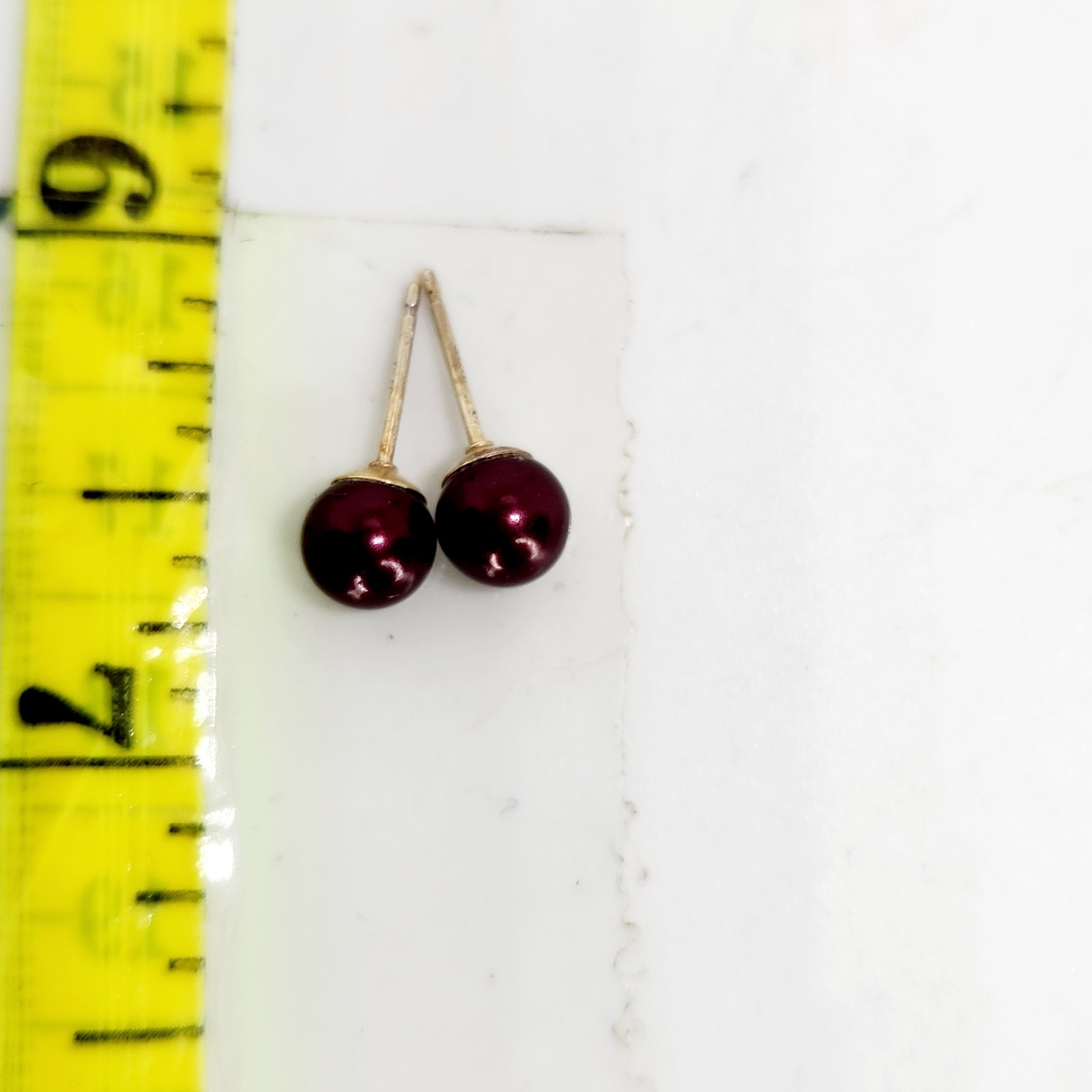 Sterling Silver Red Burgundy Faux Pearl Earrings Glass Studs Dainty Classic
