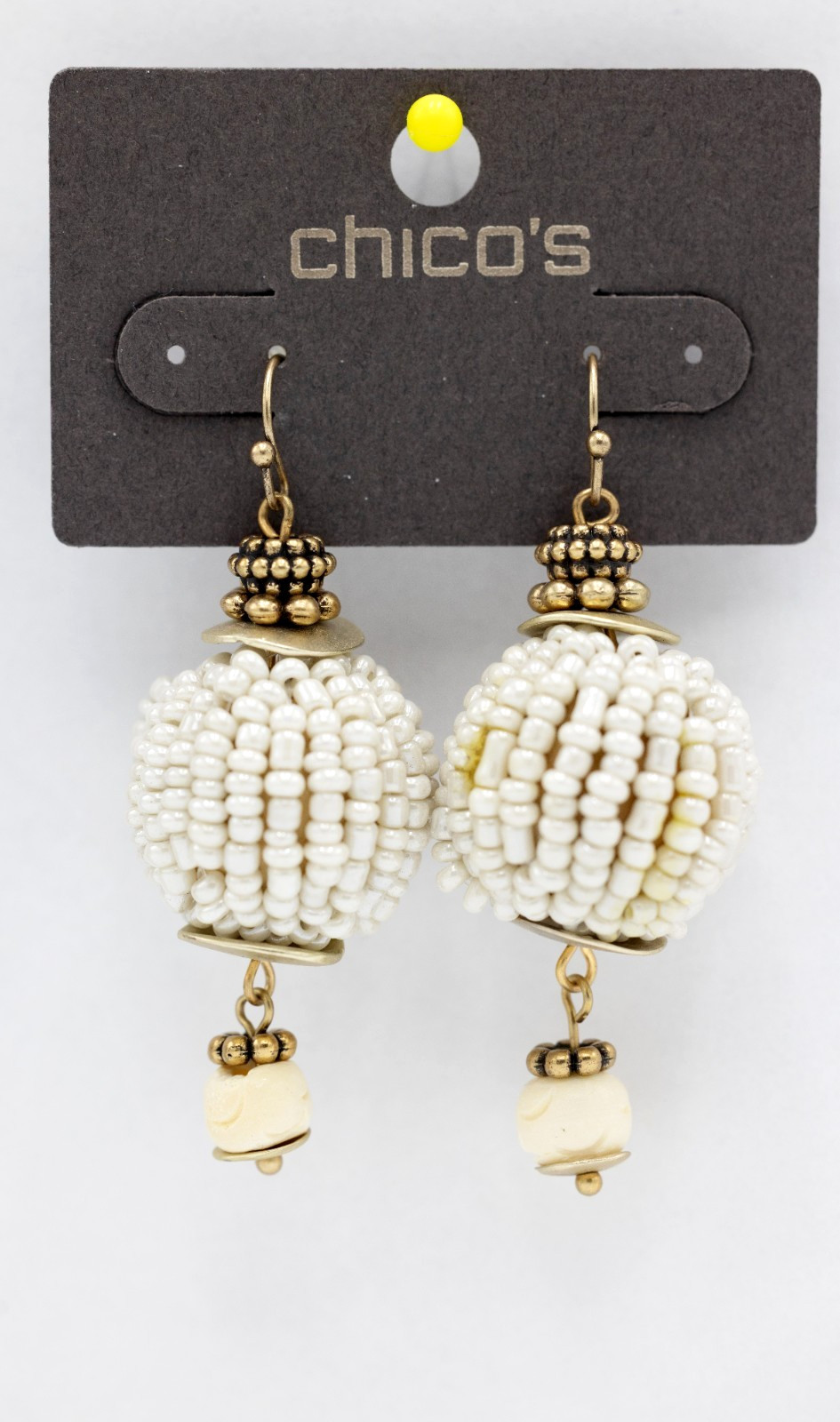 Chico’s white seed bead drop earrings with gold-tone New