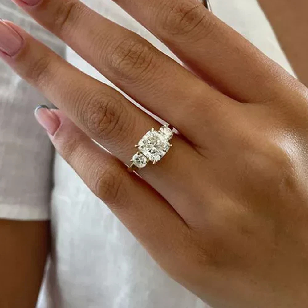 4.76 TCW Cushion Cut Moissanite 3-Stone Engagement Ring In 14K Solid Yellow Gold