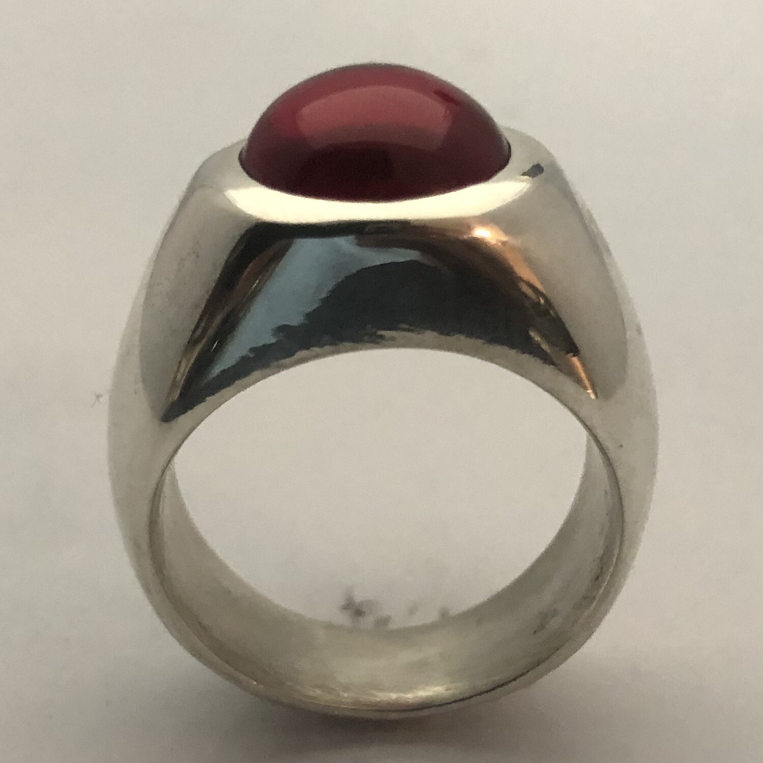 MJG STERLING SILVER MEN’S RING. 12mm ROUND LAB RUBY CABOCHON. SIZE 9 3/4