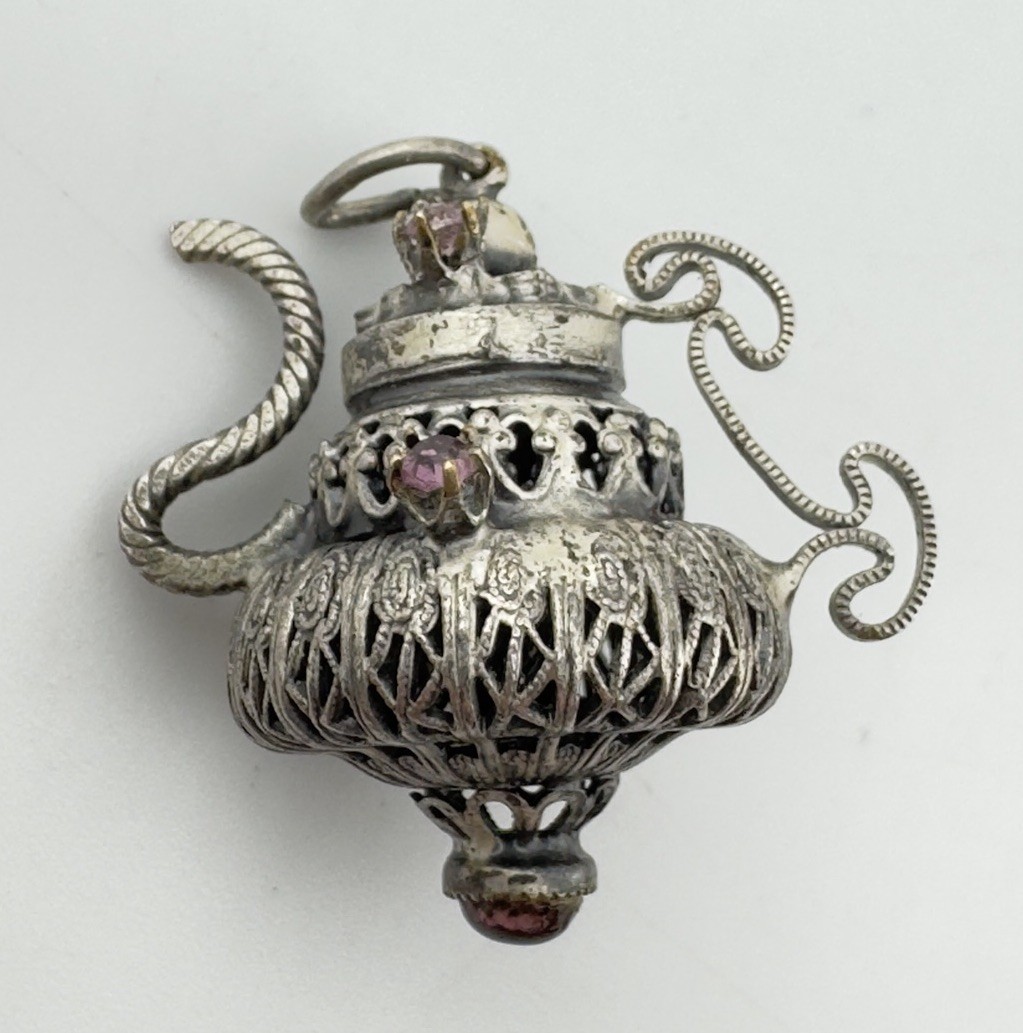 RARE Antique Sterling Filigree Asian Chinese Amethyst Jeweled Teapot Charm