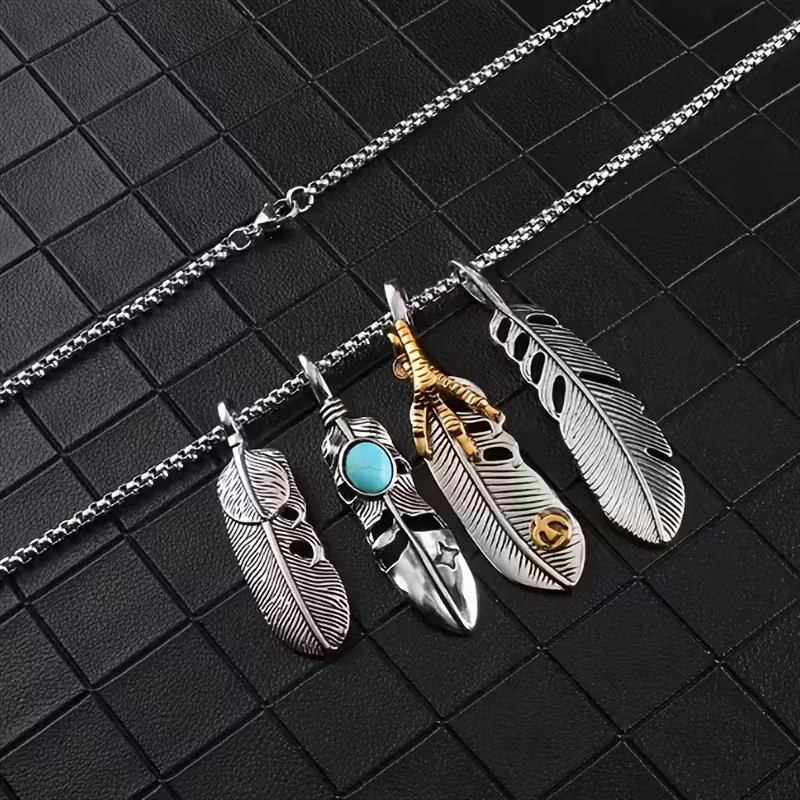 Feathers Necklace Jewelry Native American Nature Silvery Turquoise Pendant