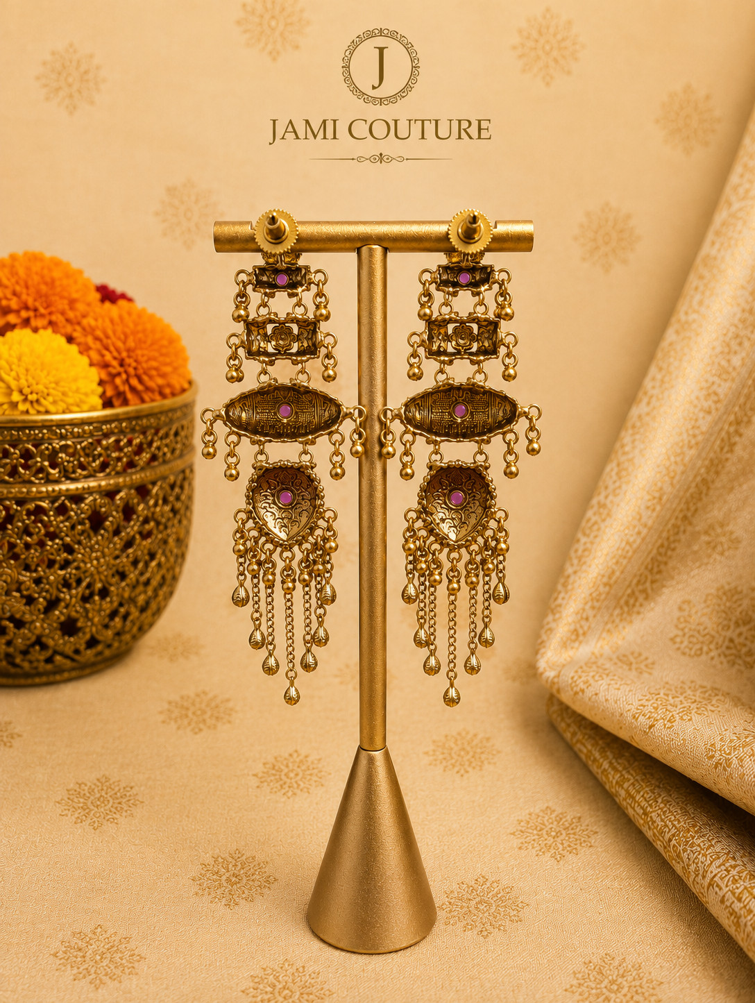 Indian Antique Long Chandelier Earrings Gold Ruby Multi Tier Jhumka Bridal Templ