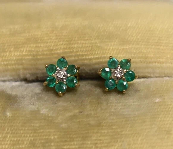 2Ct Round Natural Green Emerald Flower Women Earrings 14K Yellow Gold Plated