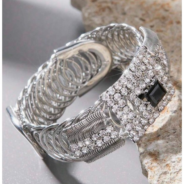 Rhinestone Spring Bangle Bracelet Silver Tone Black Stone Statement Cuff