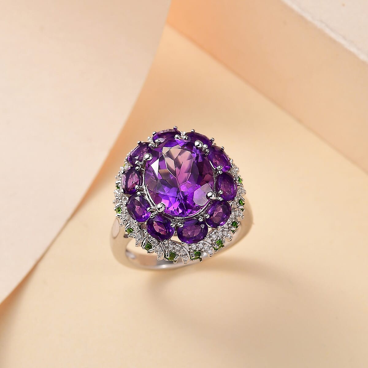 STUNNING!! 5.85ctw Moroccan Amethyst and Multi Gem Ring Rhodium Plated Size 7