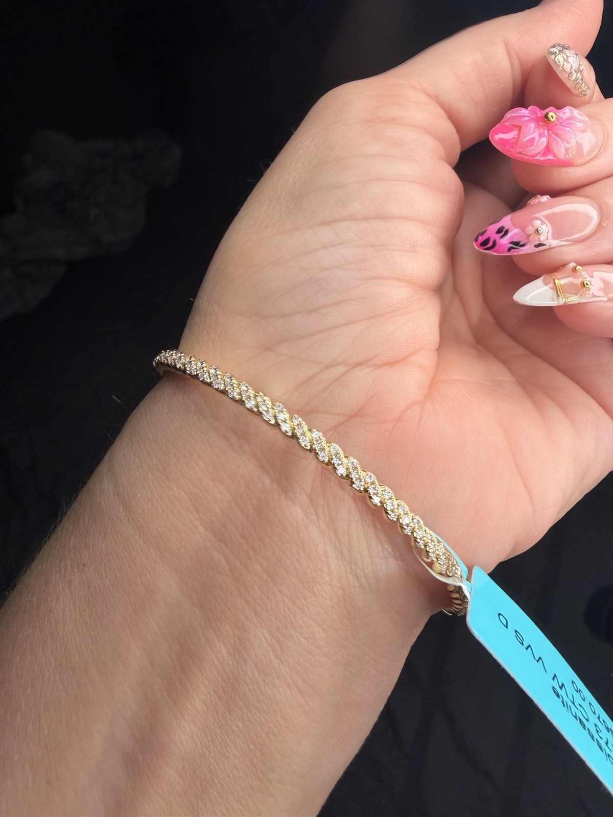 Gold Tone Rope Chain Bangle Bracelet White Moissanite Box Clasp