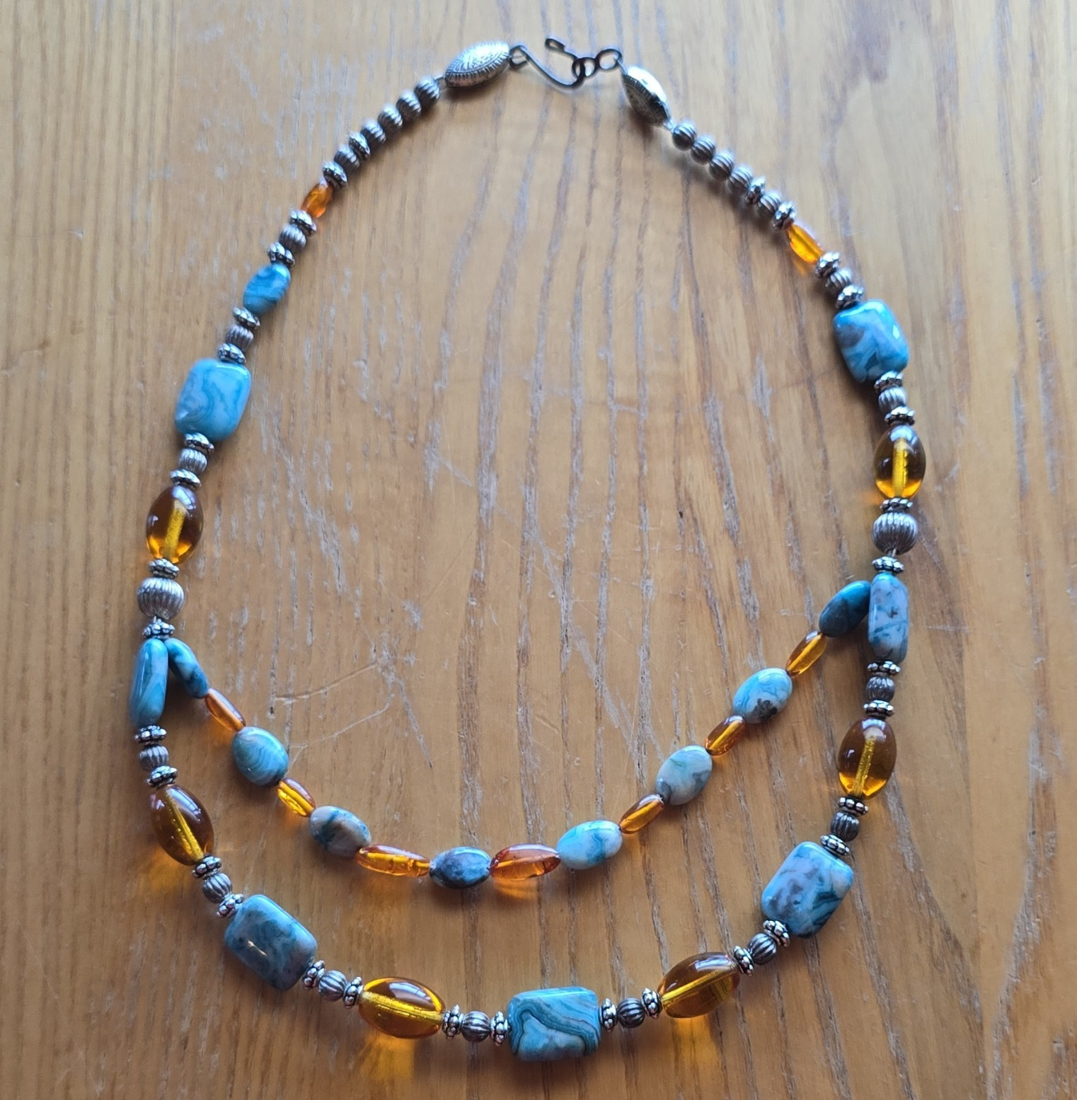 Blue Amber Stone & Glass Beaded Necklace Irregular Blue Stone Hook Clasp