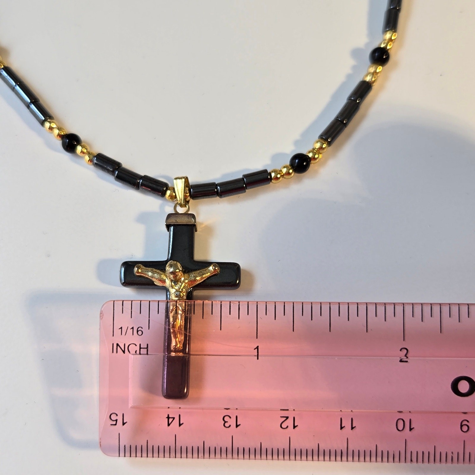 Vintage Cross Necklace Gray Black and Gold Beaded with Gold Jesus Pendant