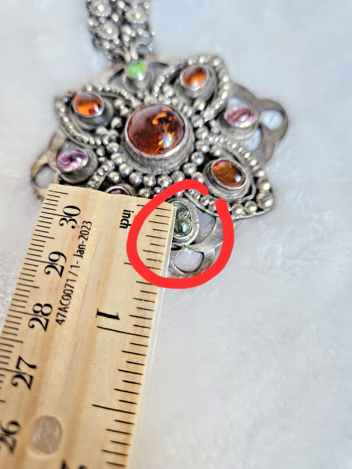 Vintage 925 Solid Sterling Silver Multicolor Amber Large Pendant Necklace