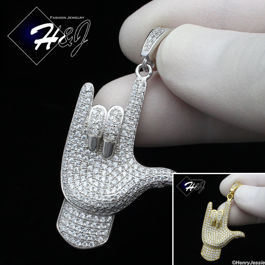 925 STERLING SILVER CUBIC ZIRCONIA GOLD PLATED/SILVER ROCK N’ ROLL PENDANT*171