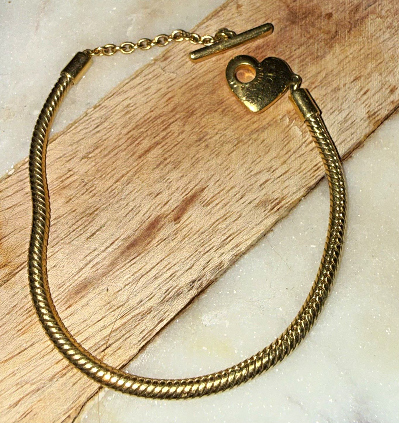 Pandora gold plated heart t-bar charm bracelet