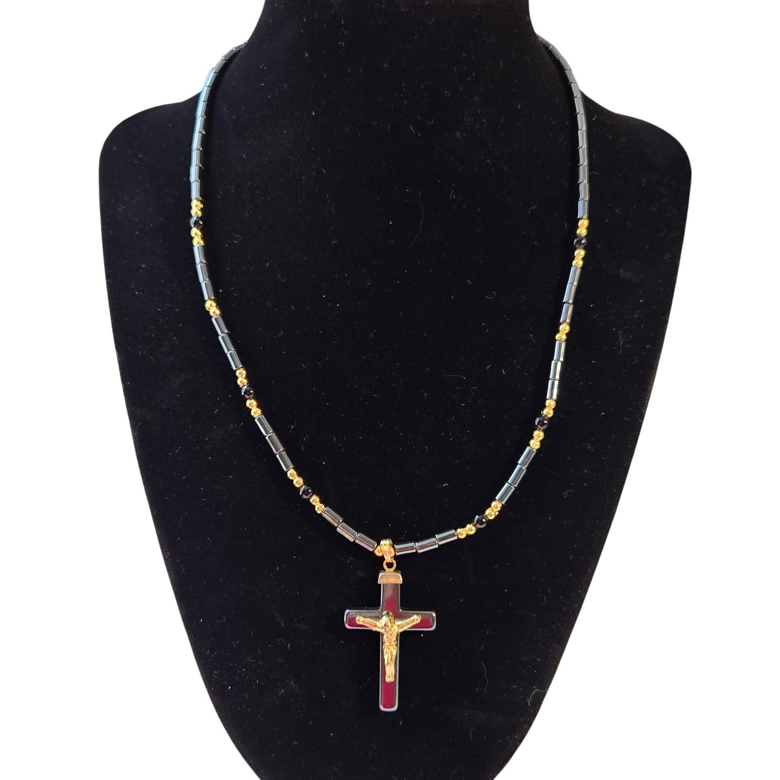 Vintage Cross Necklace Gray Black and Gold Beaded with Gold Jesus Pendant