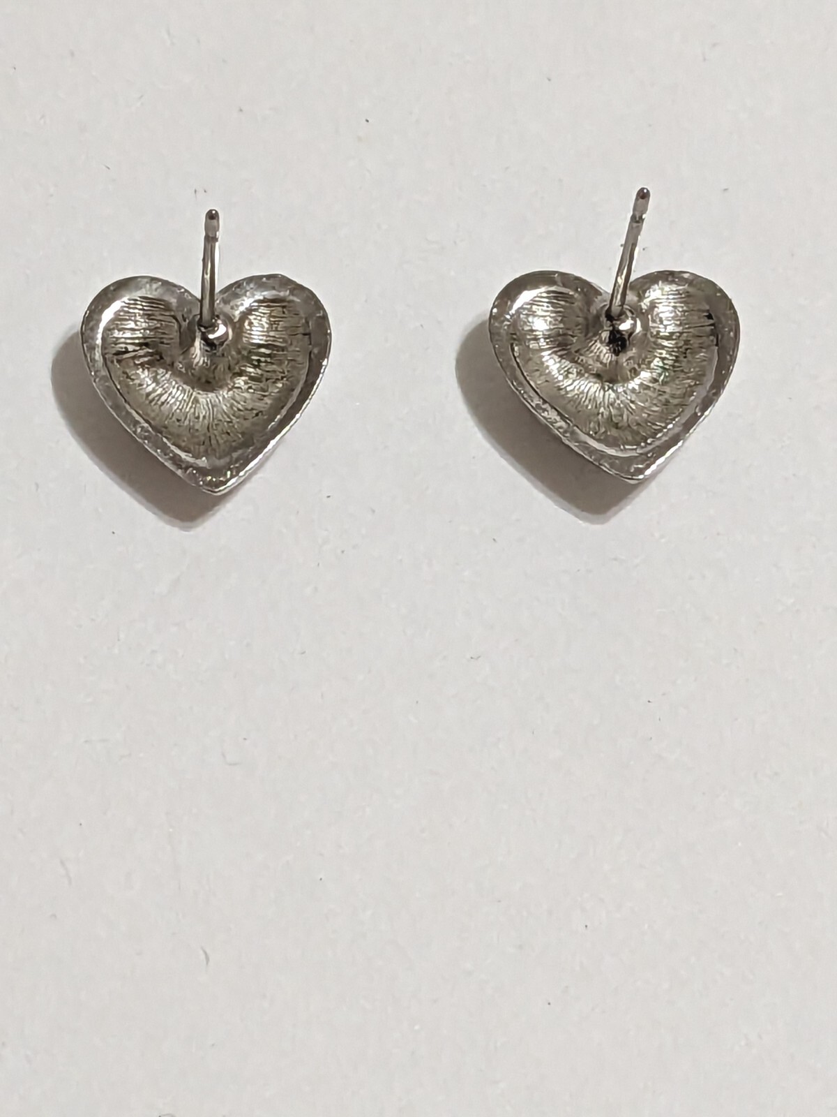 Silver Tone Heart Stud Earrings. Pierced. Textured Back. Modern. 1/2″.