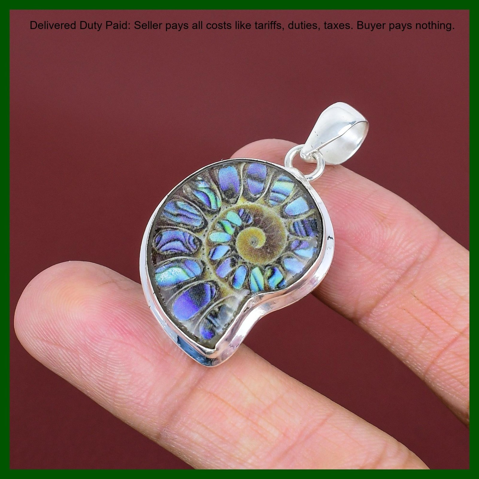 925 Silver Abalone Shell In Ammonite Doublet Opal Gemstone Bezel Pendant Jewelry