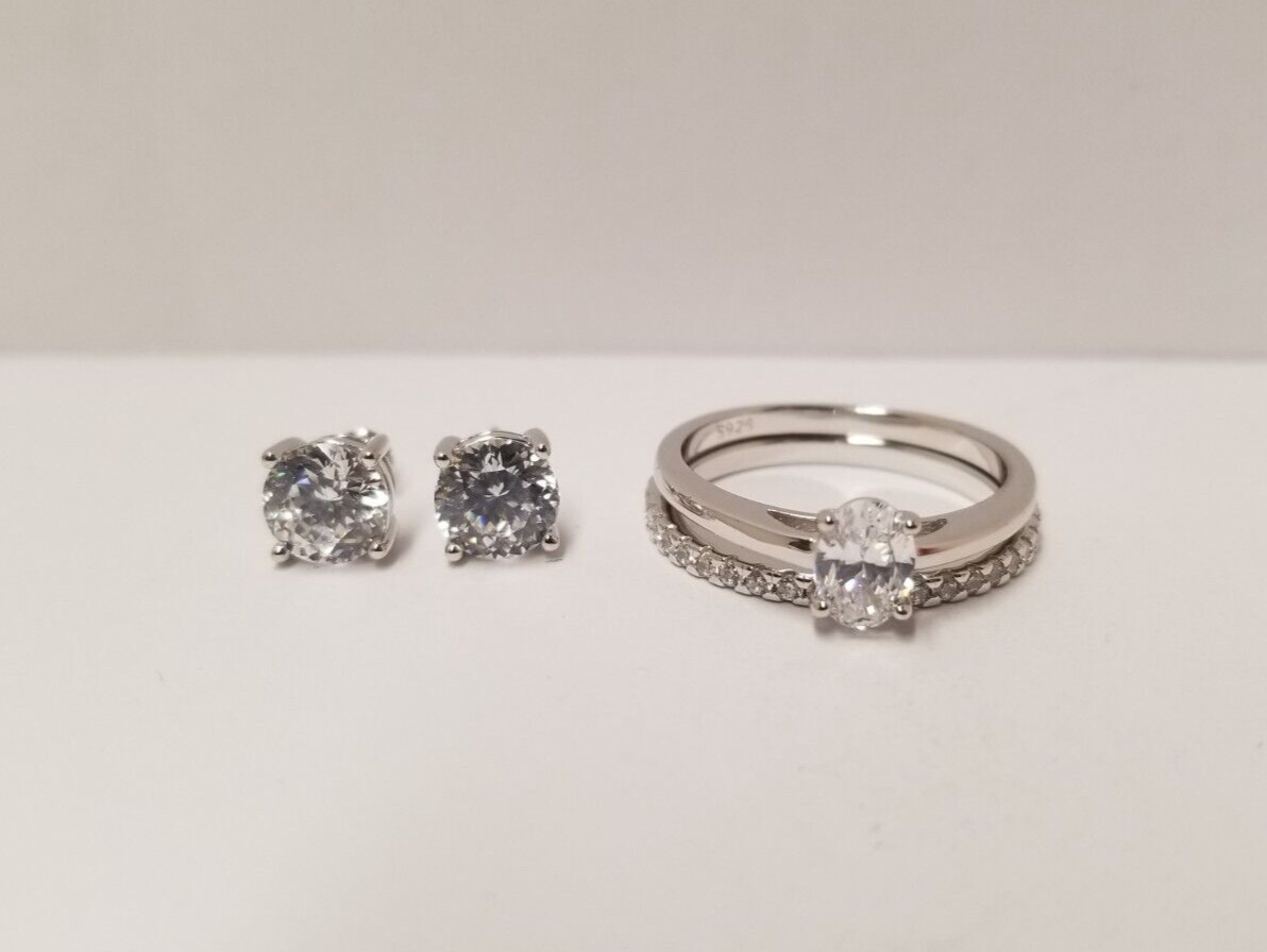 Modern Gents Oval Simulated Diamond Solitaire & Eternity Rings SZ 9 w/ Earrings