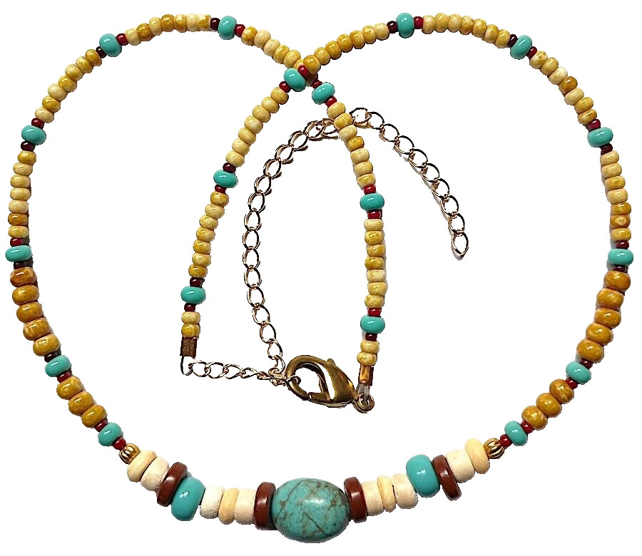 Necklace – Turquoise and Lots of Glass, Jasper and Bone Beads, 16″ with 3″ Ext