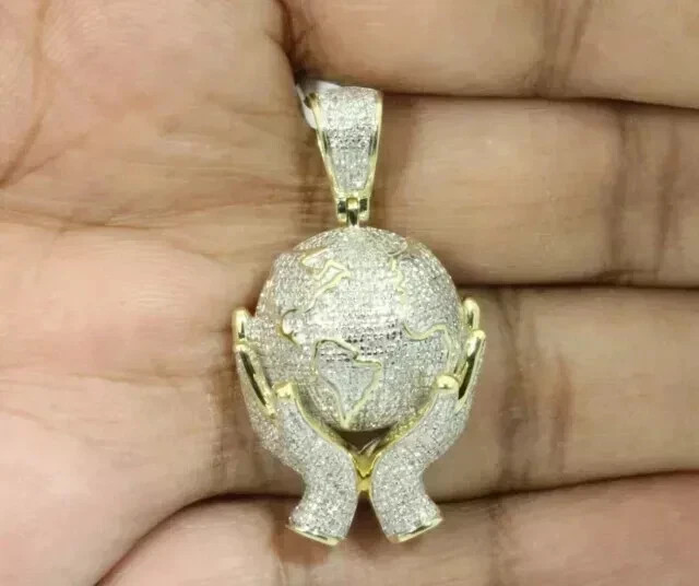 2.80Ct Round Cut Moissanite Men’s World Globe Map Pendant 14K Yellow Gold Plated