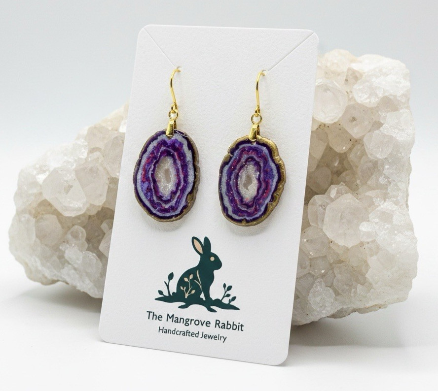 Sm Faux Amethyst Geode Slice Polymer Clay Handmade Dangle Earrings SS Ear Wires