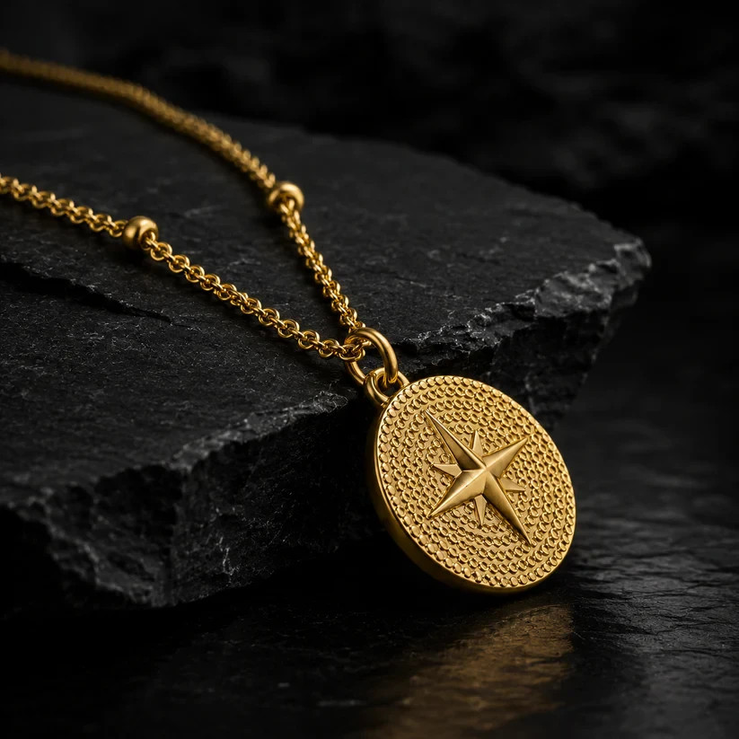 Elevated Pieces Men’s Gold Beaded Compass Pendant Necklace 18K PVD Steel