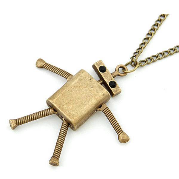 ROBOT CHARM NECKLACE 2.5″ Pendant 28″ Chain Antique Bronze Color Metal Cute NEW