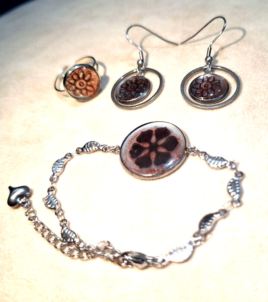 Resin Bracelet, Earings, Ring For Women Silver Chain Handmade Gift Decoration