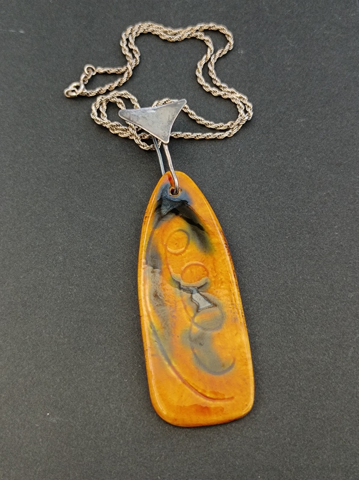 VTG Silver Modernist Israeli Enamel Necklace Abstract 60s 7Os Mustard Yellow 925