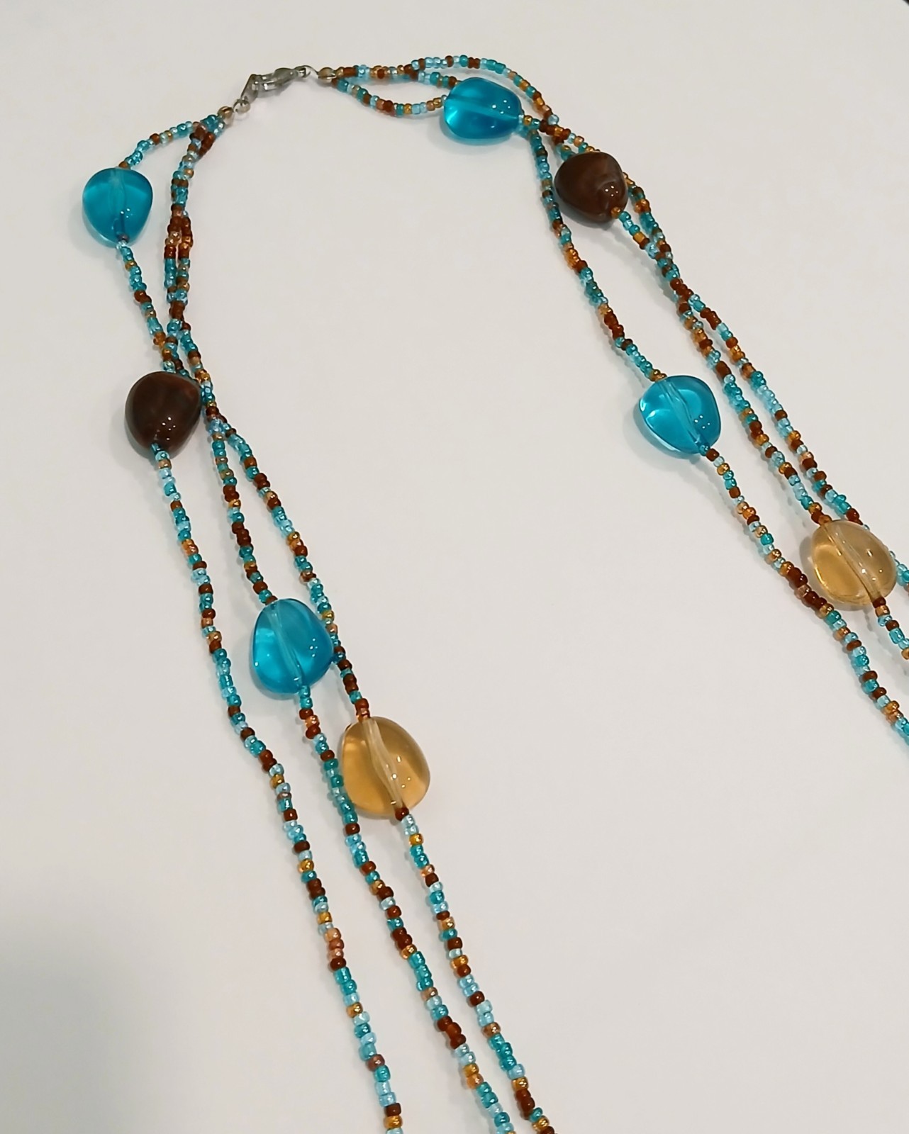 Art Glass Statement Necklace – Turquoise, Amber & Espresso 36″~ 43.3g